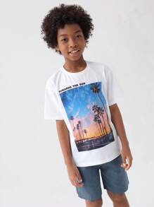 SHEIN Tween Boy Slogan And Tropical Print Top & Shorts