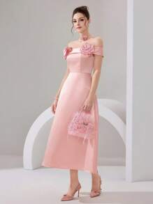 Poshira Vestido midi de mujer de silueta ajustada, con estampado floral, hombros descubiertos y diseño con adornos, elegante para vestidos de gala - Rosa - Ver 3