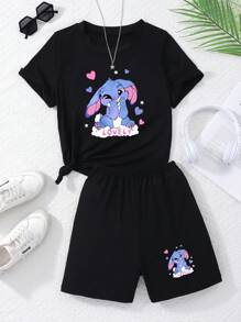 SHEIN 少女卡通图案短袖休闲短款上衣和短裤套装，夏季 - 黑色 - 查看 5