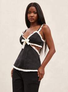 NYA SZN Top avec volant contrasté, idéal pour sortir, brunch, tenue de rue, église, usage quotidien, décontracté, chic, modeste, satin pastel, déclaration, festival - Noir - Voir 6
