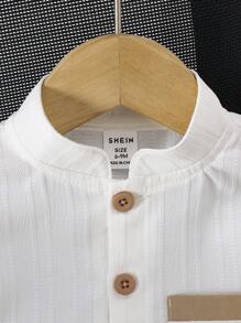 SHEIN Vintaside Kids 2件/組 嬰兒男童白色秋季端莊家庭套裝 立領鈕扣口袋襯衫搭配鬆緊腰短褲 休閒復古夏季穿搭 - 卡其色 - 查看 5