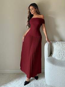 SHEIN ICON 返校节礼服 1 件露肩纯色褶皱优雅连衣裙 - 酒紅色 - 查看 3