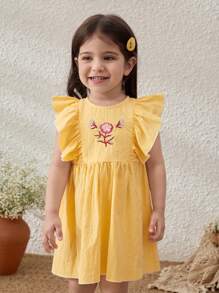 Blossori Cute Yellow Cotton Blend Baby Girl Dress With Floral Embroidery And Ruffle Detail - Yellow - View 3