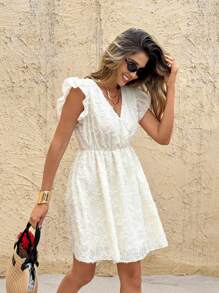 SHEIN Frenchy Váy trắng tay bay cổ chữ V đơn giản có họa tiết eo nhỏ mùa hè cho nữ, Bohemia, Váy mùa hè cho nữ Trang phục đi biển cho nữ Trang phục nghỉ mát cho nữ Trang phục phương Tây cho nữ Váy công sở mùa hè cho nữ Trang phục ngày 4 tháng 7 cho nữ Trang phục giáo viên cho nữ Váy chống nắng cho nữ - Màu be - Xem 4