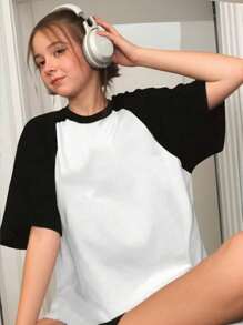 T-shirt à manches courtes raglan avec grand nœud imprimé, décontracté et élégant pour fille