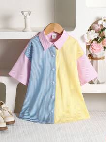 Girls Casual Patchwork Shirt, 3 Colors (Yellow, Blue, Pink), With Decorative Bow Accent At Back, Summer Daily Wear, Fashion - Pink - View 2