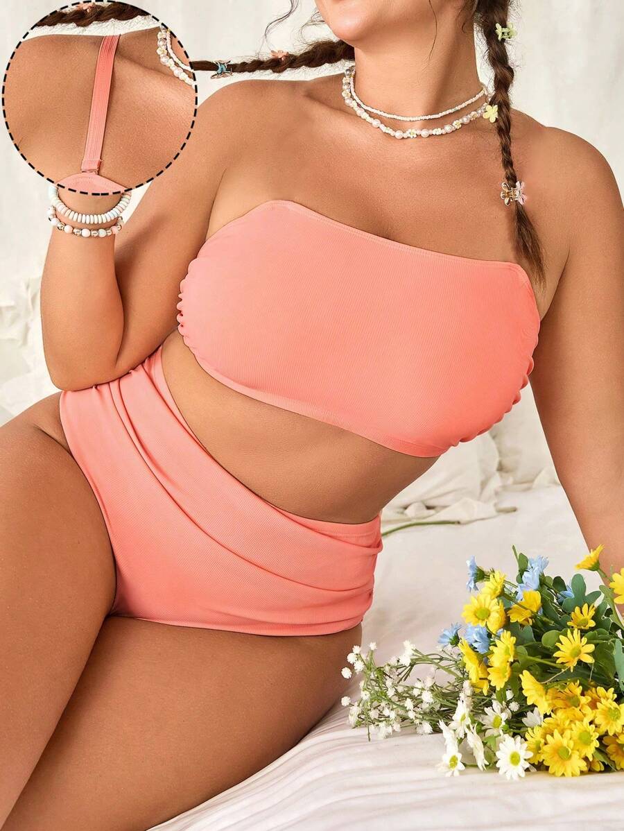 SHEIN Swim Curve Plus Size 2pcs Women Halter Ribbed Texture Fabric Removable Strap Ruffled Side Bikini Set Set For Summer Beach Vacation - Coral Orange - View 1