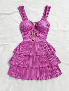 Soleia 迷你细肩带荷叶边连衣裙，镂空设计，金属海星和牙签装饰，适合度假穿着 - 玫紅色 - 查看 7