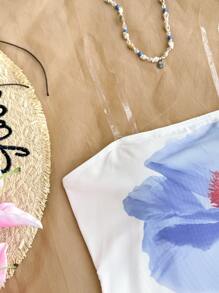 SHEIN Vestido mini con bandeau de punto blanco con estampado floral, lindo y dulce, para tiempo libre y vacaciones, apropiado para el almuerzo y de vacaciones, para adolescentes