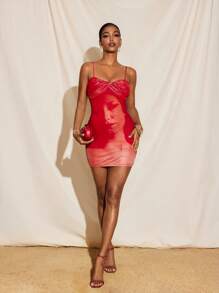 Armand Full Printed Spaghetti Straps Twist Neck Mesh Mini Dress, Sexy Party Vacation - Red - View 1