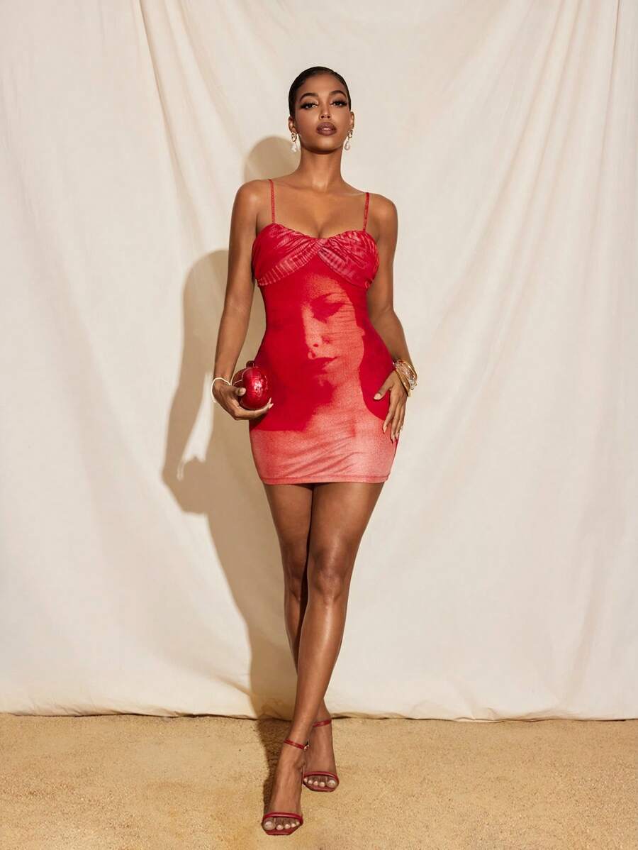 Armand Full Printed Spaghetti Straps Twist Neck Mesh Mini Dress, Sexy Party Vacation - Red - View 1