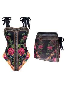 Swim Oasis 女士夏季新款植物印花肩带前连体泳衣和植物印花侧带裙套装，度假沙滩装 - 彩色 - 查看 1