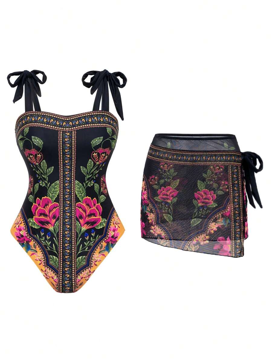 Swim Oasis 女士夏季新款植物印花肩带前连体泳衣和植物印花侧带裙套装，度假沙滩装 - 彩色 - 查看 1