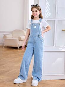 SHEIN Tween Girl's Y2K Spring Summer Casual Patched Detail Baggy Denim Overalls Jumpsuit Jeans Without Top, For Spring/Summer Outfits,Girls Denim Romper