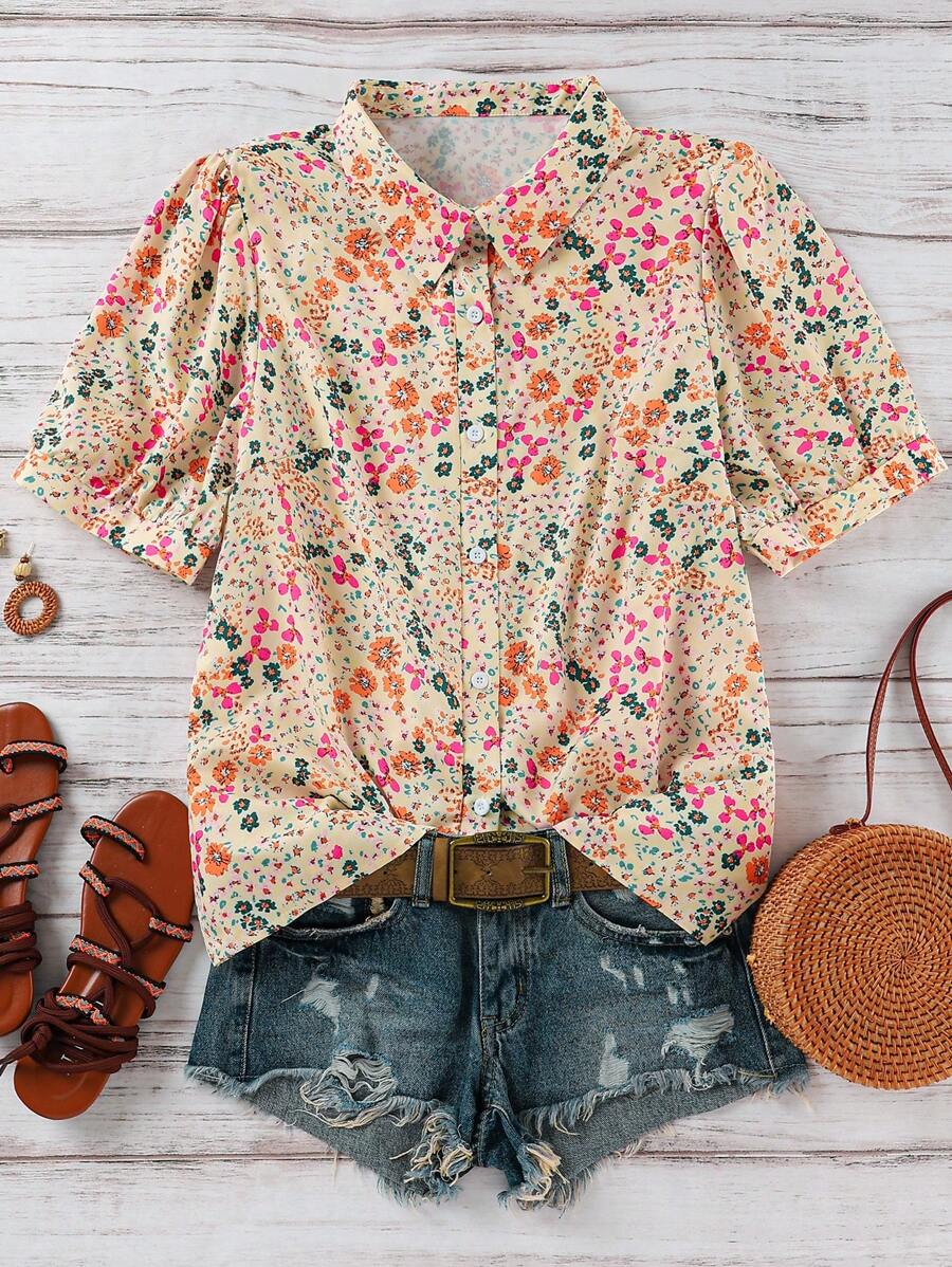 SHEIN LUNE 大码女式碎花度假短款泡泡袖单排扣衬衫