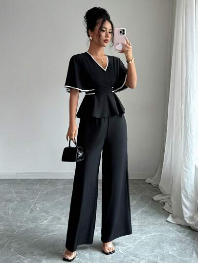 Elenzga Elegant Solid Color Waist Fitted Shirt & Straight Leg Pants 2 Pieces Set