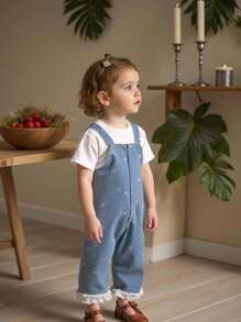 Girls' Denim Bow Print Ruffle Trim Jumpsuit Overall, Versatile - Blue - View 1