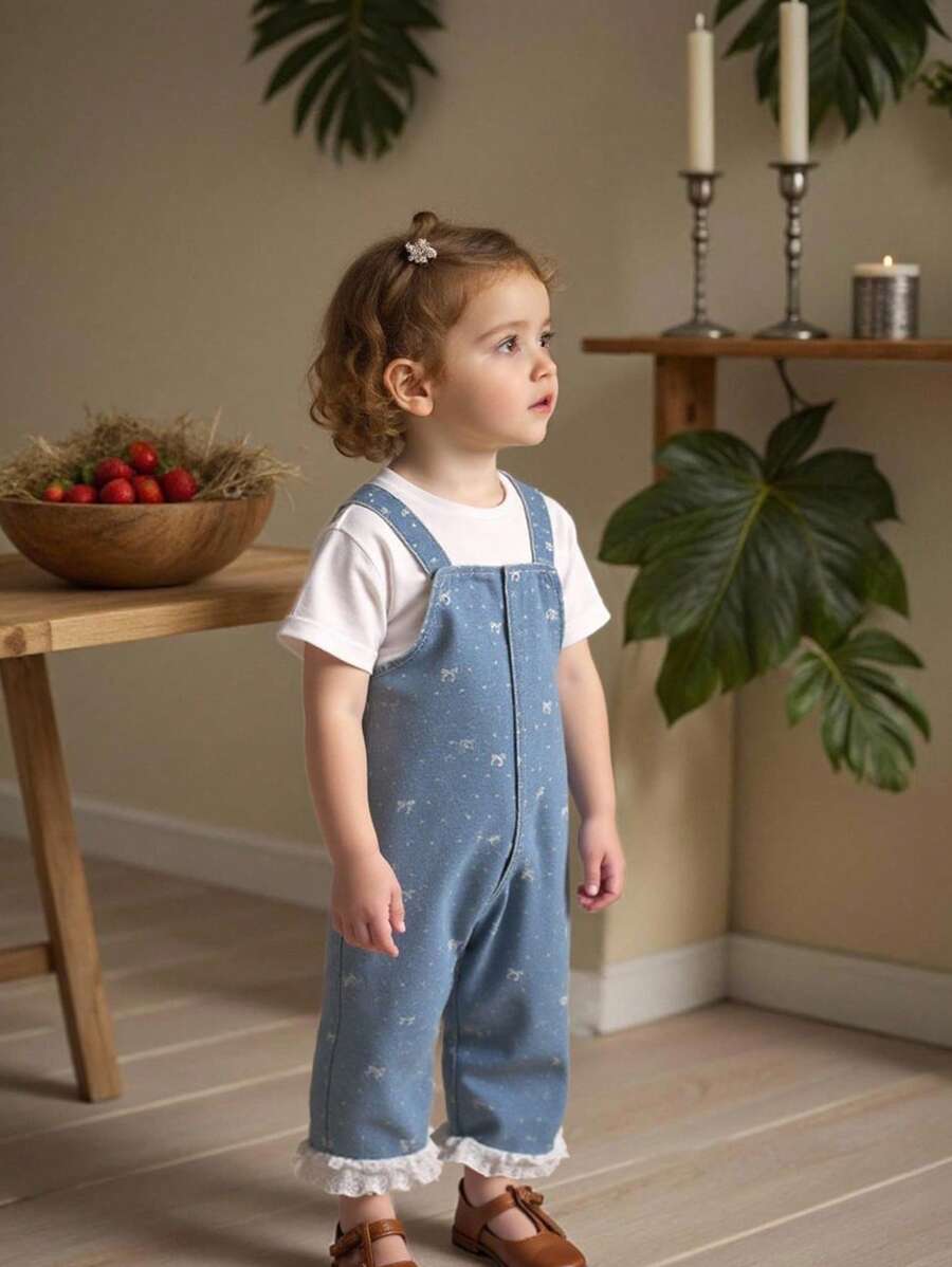 Girls' Denim Bow Print Ruffle Trim Jumpsuit Overall, Versatile - Blue - View 1