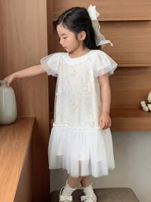DAZY 小女孩圆领网眼花卉 3D 花朵派对生日连衣裙，女孩夏季服装 - 粉色 - 查看 3