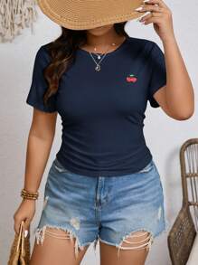 SHEIN Frenchy Plus Size Boho Women's Summer Cherry Embroidery Round Neck Short-Sleeved Ruched Side Casual T-Shirt, Fit, Back To School