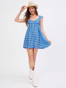 WESTFADE Váy Babydoll Mini Jacquard Kẻ caro Cổ trái tim nơ dễ thương Dây đeo sau lưng Váy Babydoll Mini Mùa hè Trang phục kỳ nghỉ bãi biển ngày 4 tháng 7 Cowgirl Rodeo Kỳ nghỉ Nashville Trang phục hòa nhạc đồng quê miền Tây - Màu xanh lam - Xem 3