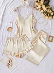 SilkySpell Set de 3 piezas de pijama con camiseta de tirantes, pantalón corto y pantalón largo de unicolor de seda sintética, para vacaciones