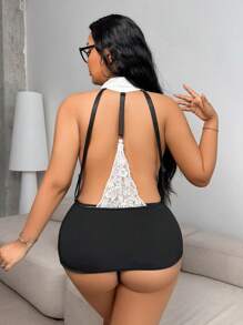 Fantasy Costume Plus Size Lace Patchwork Role Play Secretary Lingerie Set Lingerie Roleplay Outfit