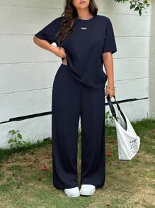 Muchica 2pcs Navy Blue Casual Plus Size Set, Spring/SummerSummer Outfits For Women,Two Piece Set Women - Navy Blue - View 3