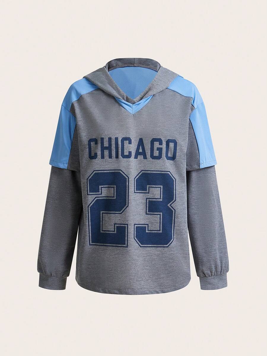 SHEIN Sports Women's Letter Print 2 In 1 Hooded Long Sleeve Sweatshirt - Grey - View 1