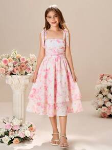 Tween Girl Knit Ditsy Floral Patchwork Woven Hem Camisole Dress - Multicolor - View 3