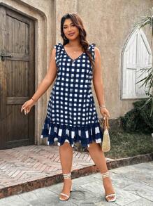 SHEIN LUNE 大码格子荷叶边下摆休闲中长连衣裙 女装春装 女装夏装 夏装 复活节服装 女装西部装 女装夏装 毕业礼服 - 藏蓝色 - 查看 3
