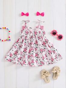 SHEIN Baby Girl Cute Summer Dress,White And Pink Ditsy Floral Color Block Bow Decor Casual Comfy Outfits For Vacation,Daily Leisure And Back To School - Pink - View 8