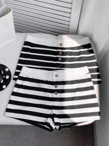 Comfortcana 2-Pack Women's Summer Striped Casual Shorts For Daily Wear - Black and White - View 1