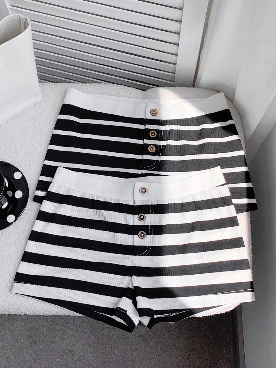 Comfortcana 2-Pack Women's Summer Striped Casual Shorts For Daily Wear - Black and White - View 1