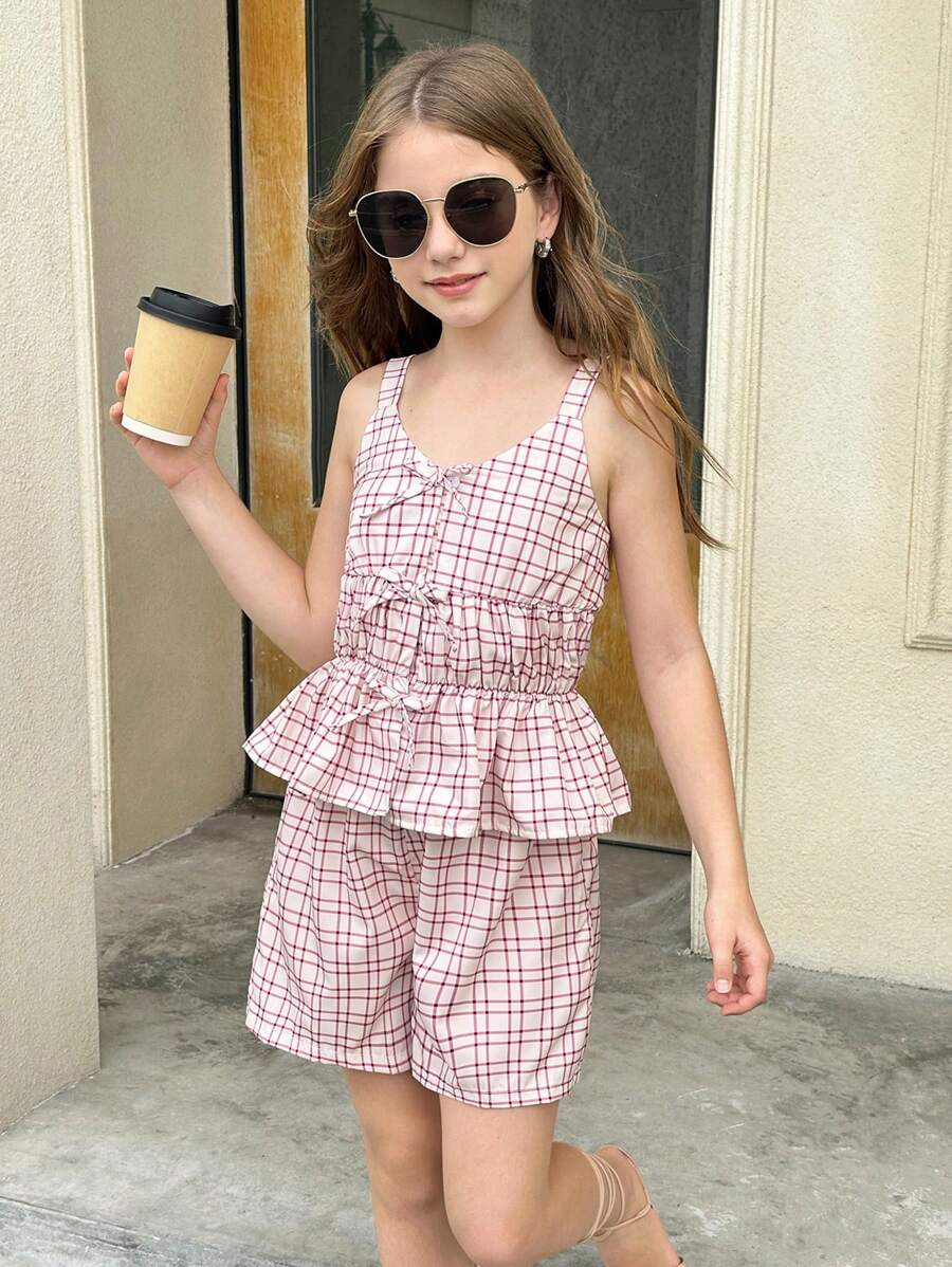 SHEIN 2pcs/Set Tween Girls Pink Plaid Summer Chiffon Plaid Top And Shorts Set,Cute Elastic Waist Bow Accent Top,Comfortable Versatile Shorts For Vacation - Pink - View 1