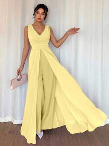 Breezaya 优雅的V领褶腰珍珠雪纺阔腿连体裤，紫色，优雅的婚礼宾客服装