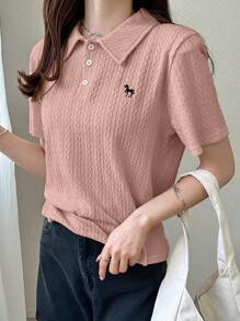 FRIFUL Women's Apricot Basic Polo Collar Embroidered T-Shirt, Turndown Collar Short Sleeve Summer Wear - Pink - View 5