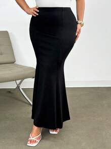 SHEIN Privé Plus Solid Mermaid Hem Skirt - Black - View 5