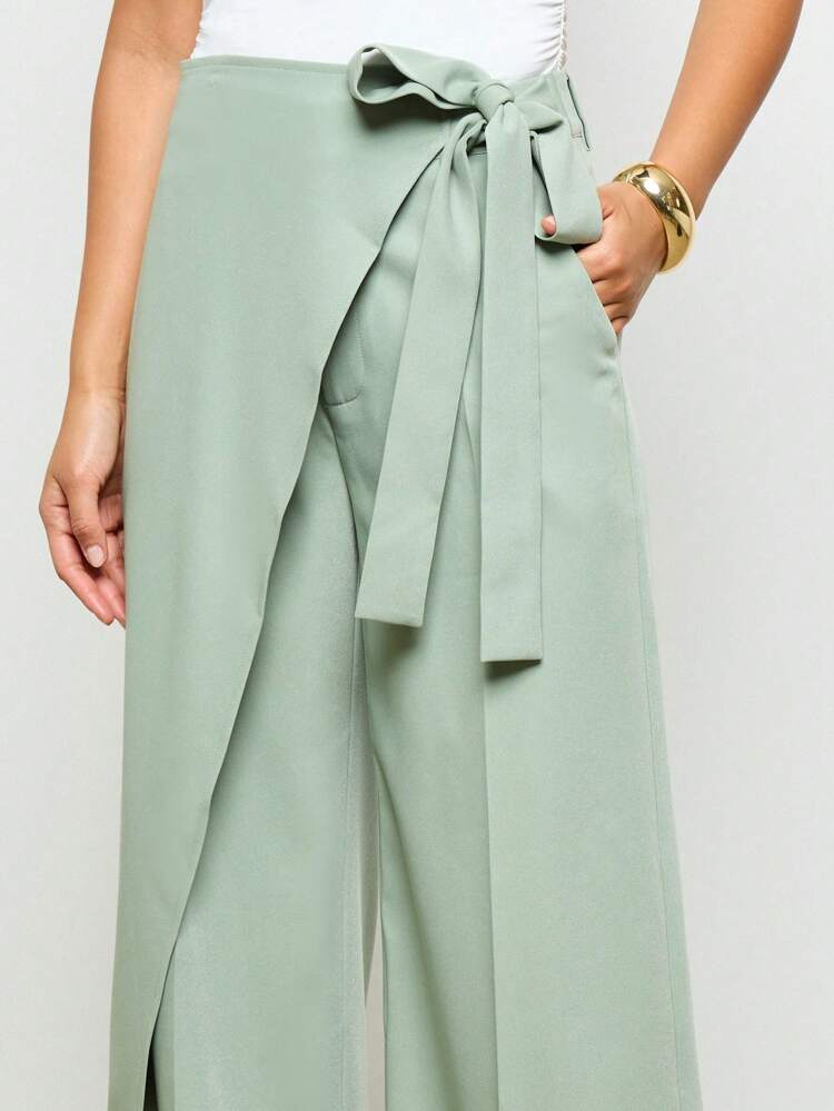 Wide Leg Wrap Front Tailored Suit Pants