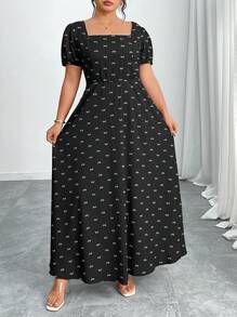 Elenzga Plus Size Women's Elegant Black And White Printed Midi Dress,Loose Comfortable Summer Outfit,Versatile For Tea Party,Gathering,Chinese Style,Vacation - Black - View 7