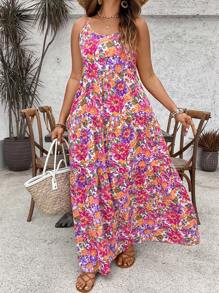 SHEIN VCAY 大码女式粉色碎花无袖连衣裙，带口袋，长款设计，非常适合度假、海滩和夏季穿着。也适合短途城市旅行。