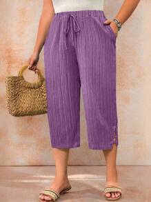 EMERY ROSE Plus Size Solid Color Split Elastic Waist Drawstring Loose Casual Women Pants - Purple - View 3