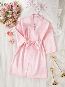 Young Girls Floral & Letter Print Robe Sleepwear Fall Winter - Pink - View 1
