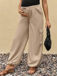 SHEIN Pantalones cargo de unicolor versátiles y casuales para maternidad - Caqui - Ver 7