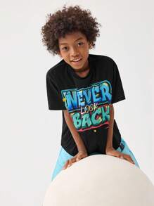 SHEIN Leap Crew Tween Boys' Casual Street Graffiti Letter Print Round Neck Loose Fit T-Shirt With Solid Color Knitted Shorts Set - Multicolor - View 2