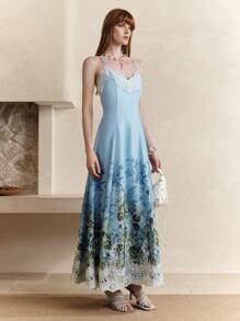 SHEIN LUNE Women's Light Blue Floral Lace Patchwork Backless Camisole Dress,Elegant Summer Resort Style,Graduation Party,Vacation,Sun,Formal&Birthday Dresses - Blue - View 7
