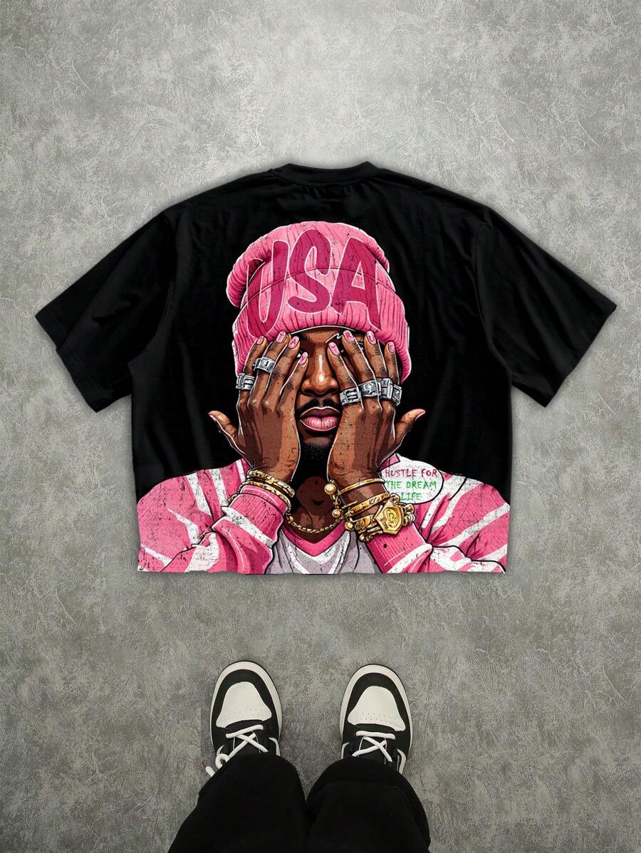 Manfinity Roghcode 男士街头休闲全印花宽松短袖T恤 - 黑色 - 查看 1