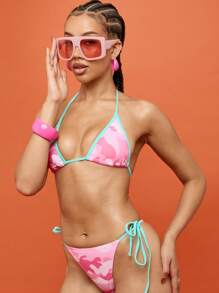 SUMWON WOMEN Maillot de bain triangle à liens sur les côtés, Top de bikini avec col ras-du-cou, imprimé camouflage. Tenue de plage pour les fêtes de piscine, les festivals. Style Y2K