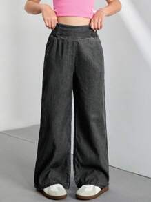 SHEIN Sparklyn 少女高腰阔腿休闲牛仔裤，宽松版型，适合日常穿着，春夏皆宜，Y2K风格，校园、大学、秋冬皆可穿着。 - 黑色 - 查看 3