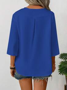 SHEIN LUNE Women's Simple Solid Notched Neck 3/4 Sleeve Work Blouse - Blue - View 2